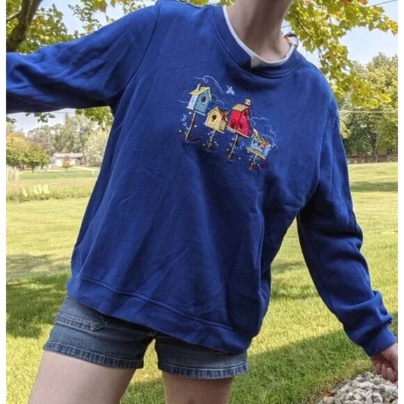 Breckenridge Blue Embroidered Birdhouse Pullover Christmas Grandma Sweater Sze S - Picture 1 of 7